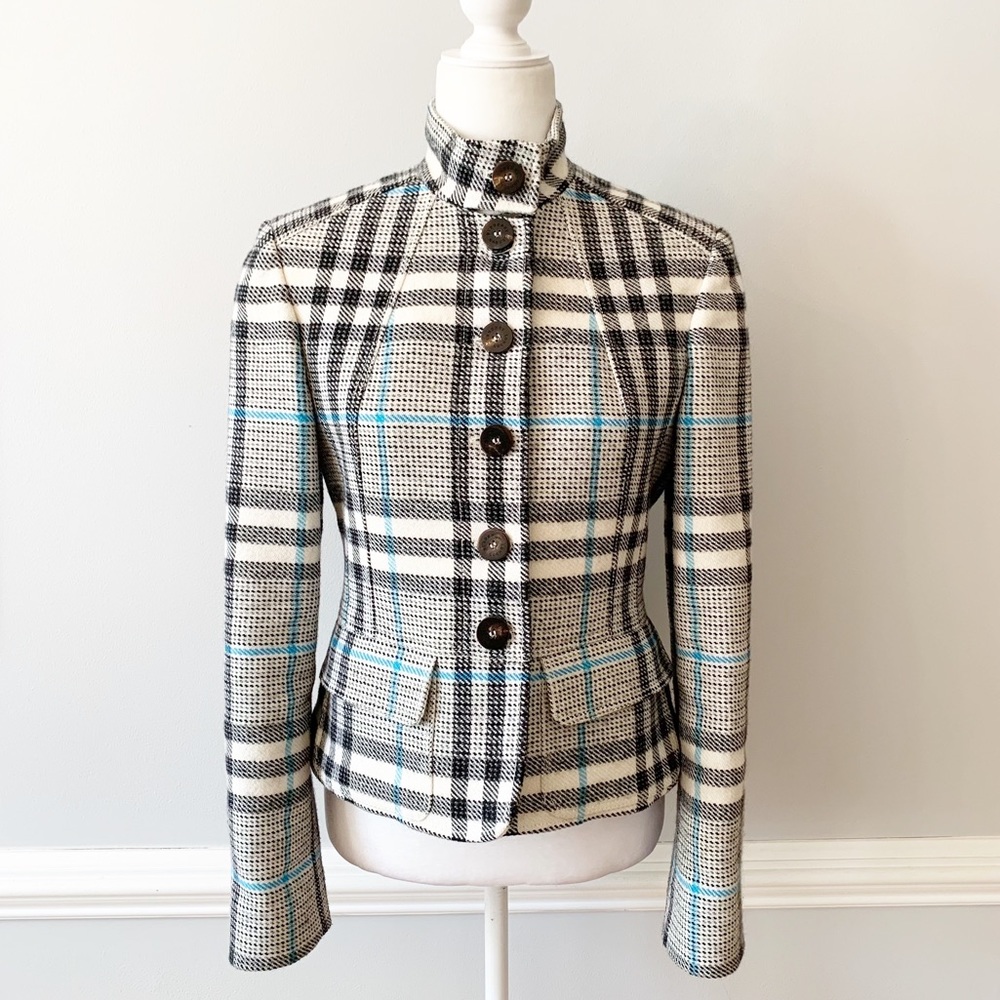 Burberry Tailored Plaid Women's Jacket - Cream & Black with Teal Accents - Picture 9 of 16